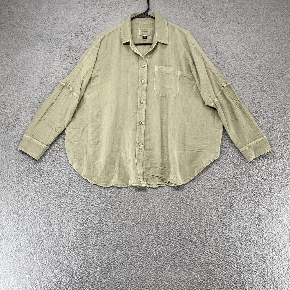 American Eagle Oversized Top Womens Button Up‎ Sage Green Roll Tab Gauze